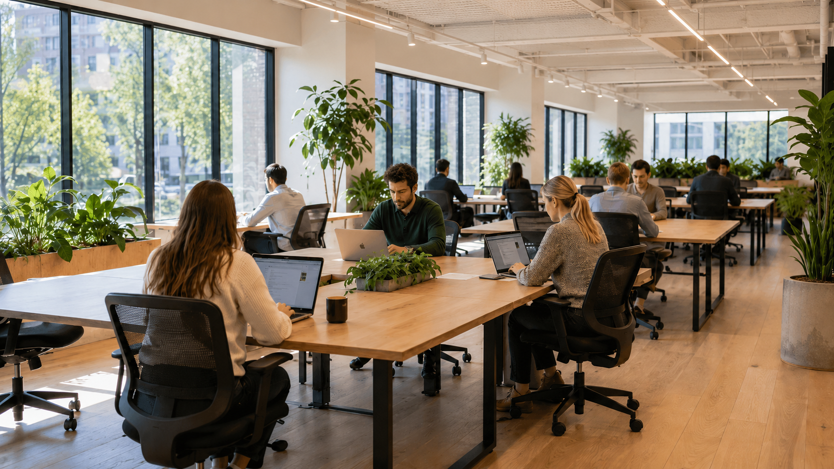 People working on laptops in a lively co-working space